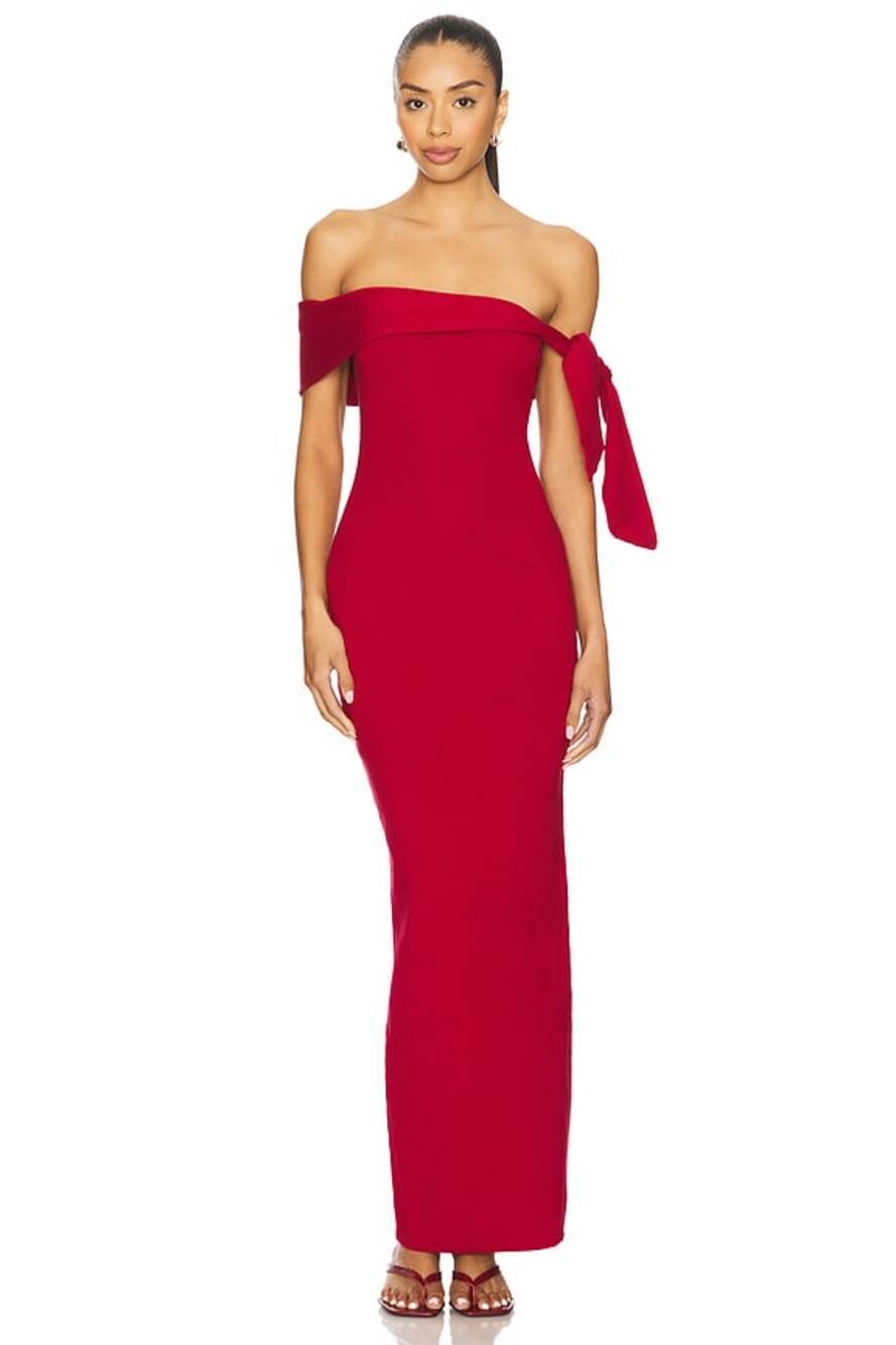 SNDYS xREVOLVE Jaymes Off Shoulder Stretch Knit Old Money Cranberry Maxi Dress S
